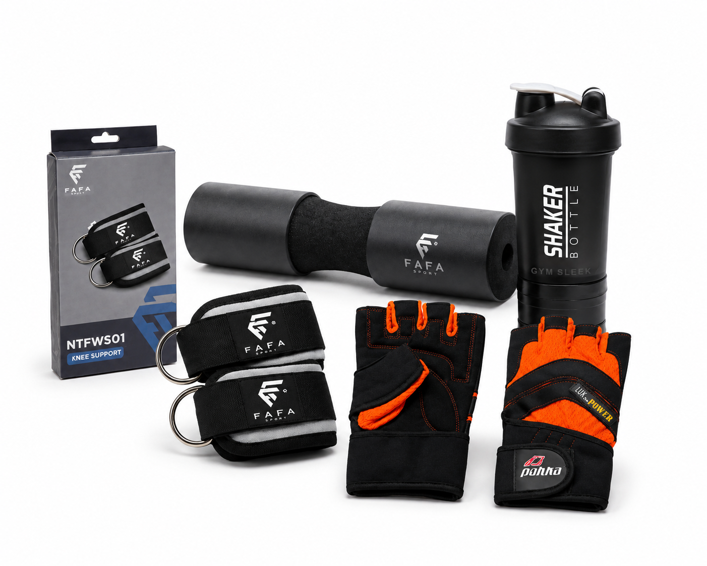 Pack Musculation Pro 4 en 1 – Shaker + Foam Roller + Gants + Sangle FAFA