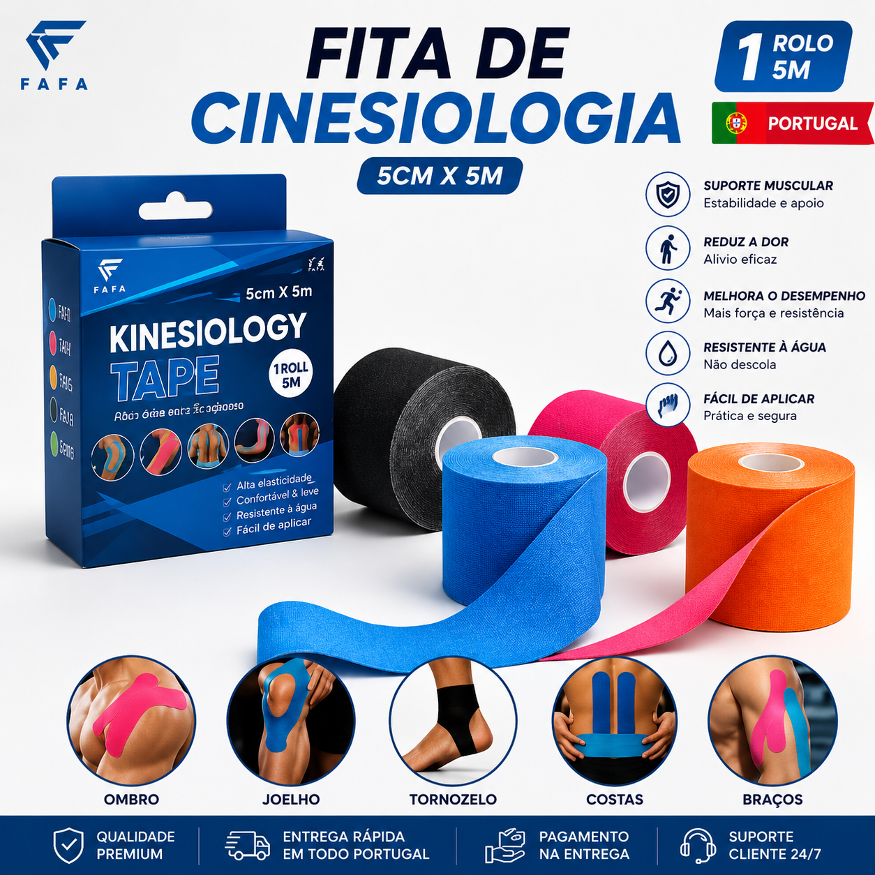 Fita de Cinesiologia 5cm x 5m – Suporte para Treino e Desporto