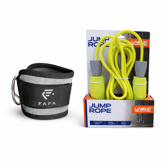 Pacote Cardio & Pernas Pro – Faixa para tornozelo + Corda de pular