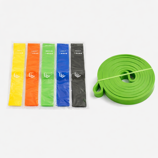 Conjunto Fitness Completo – 5 mini-faixas elásticas + Super Band Light (7–15 kg)